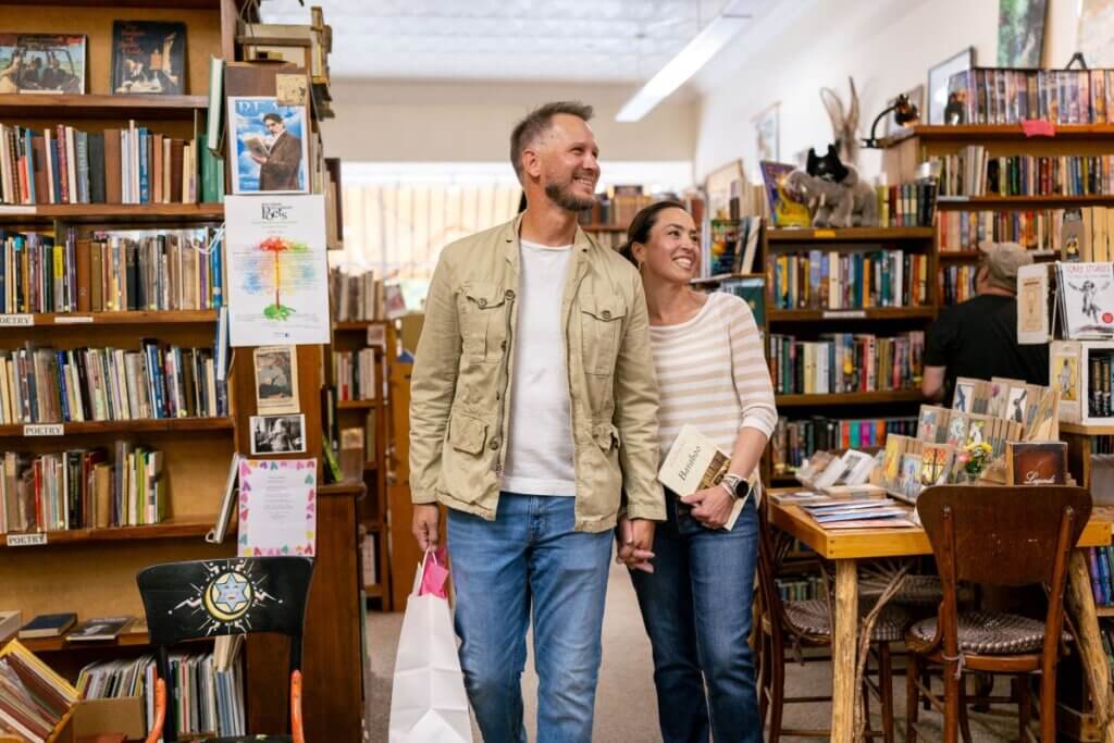 Couple browsing books inside The Village Booksmith in Downtown Baraboo