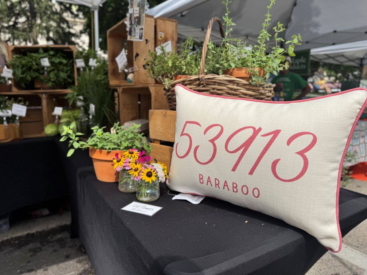 A fall pillow and plants on a table at a market in downtown Baraboo.