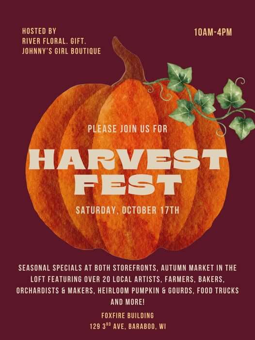 Announcement poster for Harvest Fest in Downtown Baraboo Oct 17