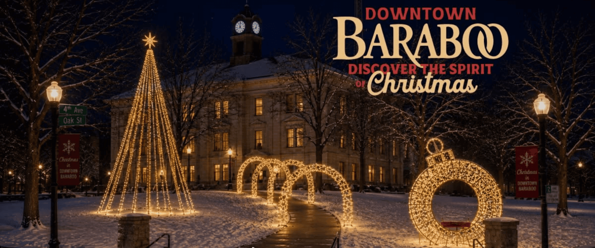 Light installations by the Baraboo Sauk County Courthouse. A Christmas tree, ornament and arches, all made with Christmas Lights.