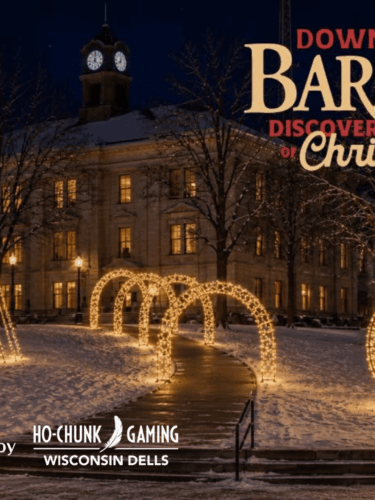 Light installations by the Baraboo Sauk County Courthouse. A Christmas tree, ornament and arches, all made with Christmas Lights.