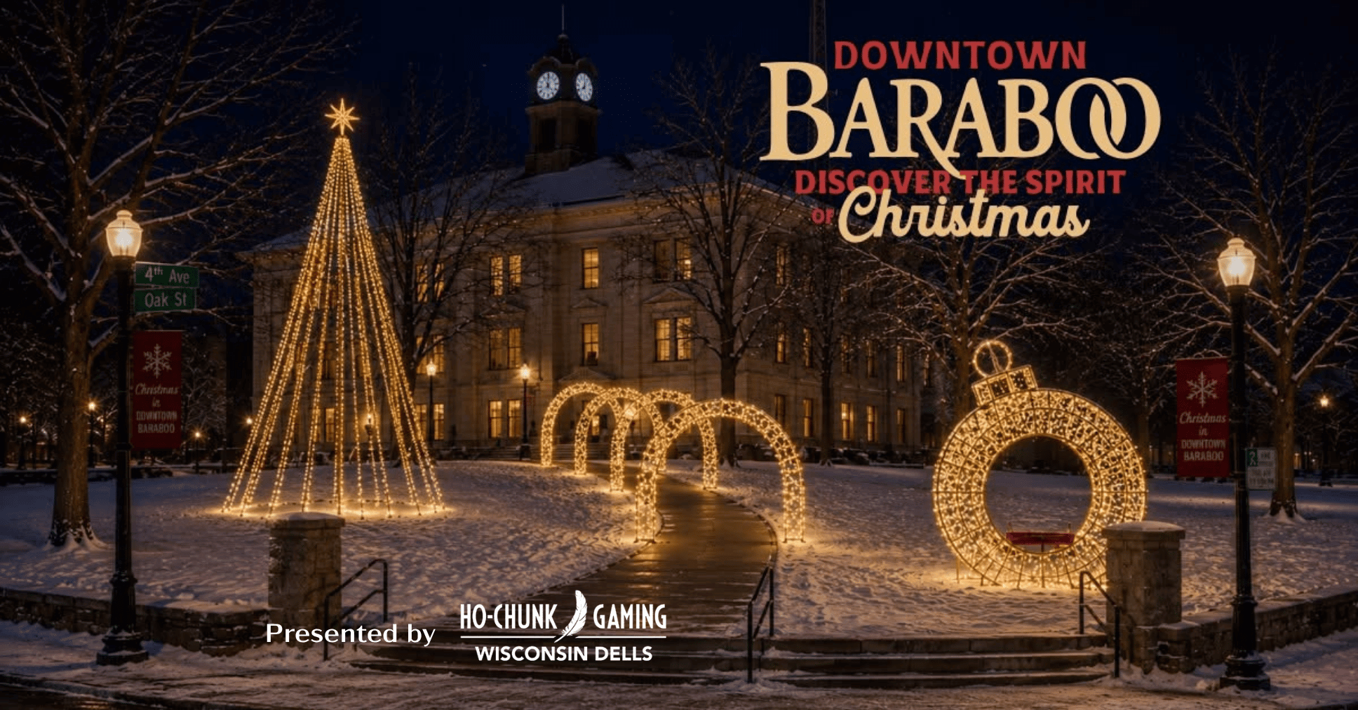 Light installations by the Baraboo Sauk County Courthouse. A Christmas tree, ornament and arches, all made with Christmas Lights.